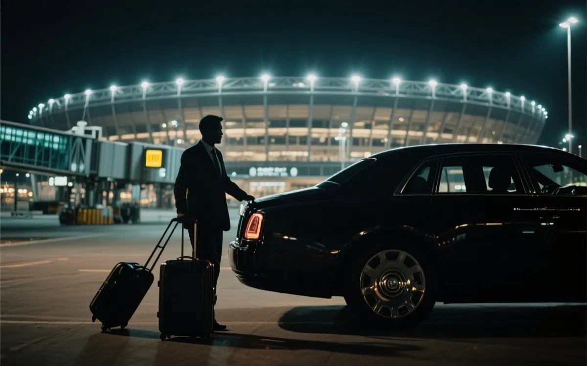 机场到球场的行程规划：行李、车队与球场灯光的电影感画面