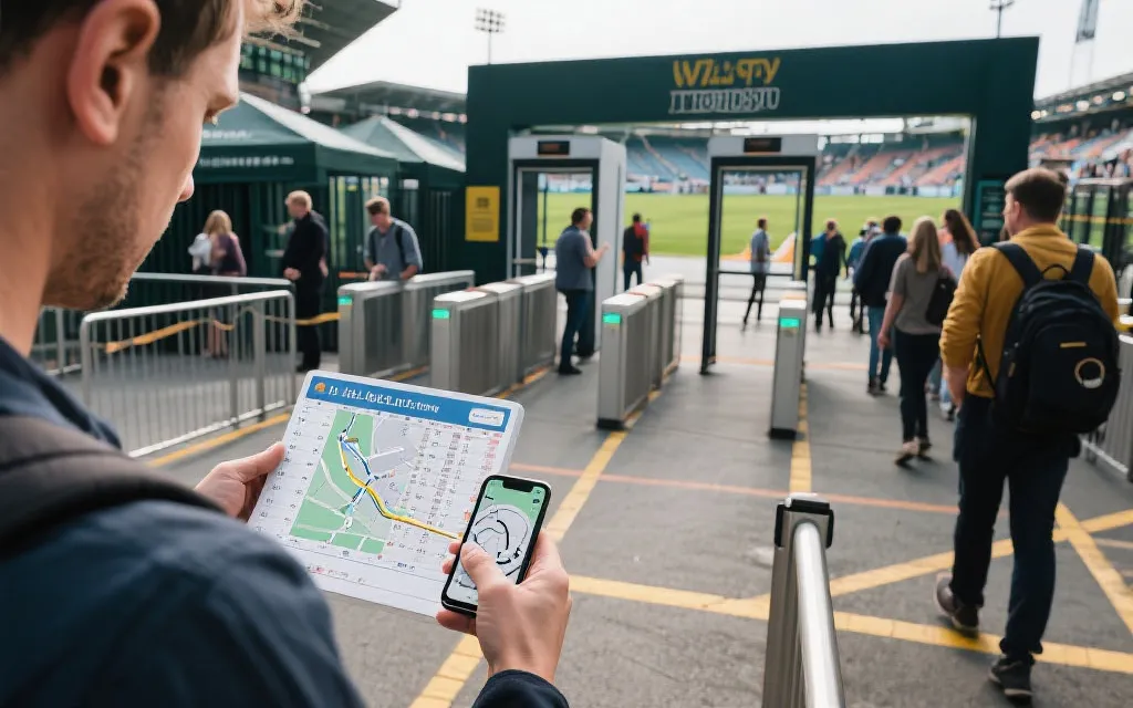 球场入口安检与人流动线示意，旅行球迷查看时间表与路线