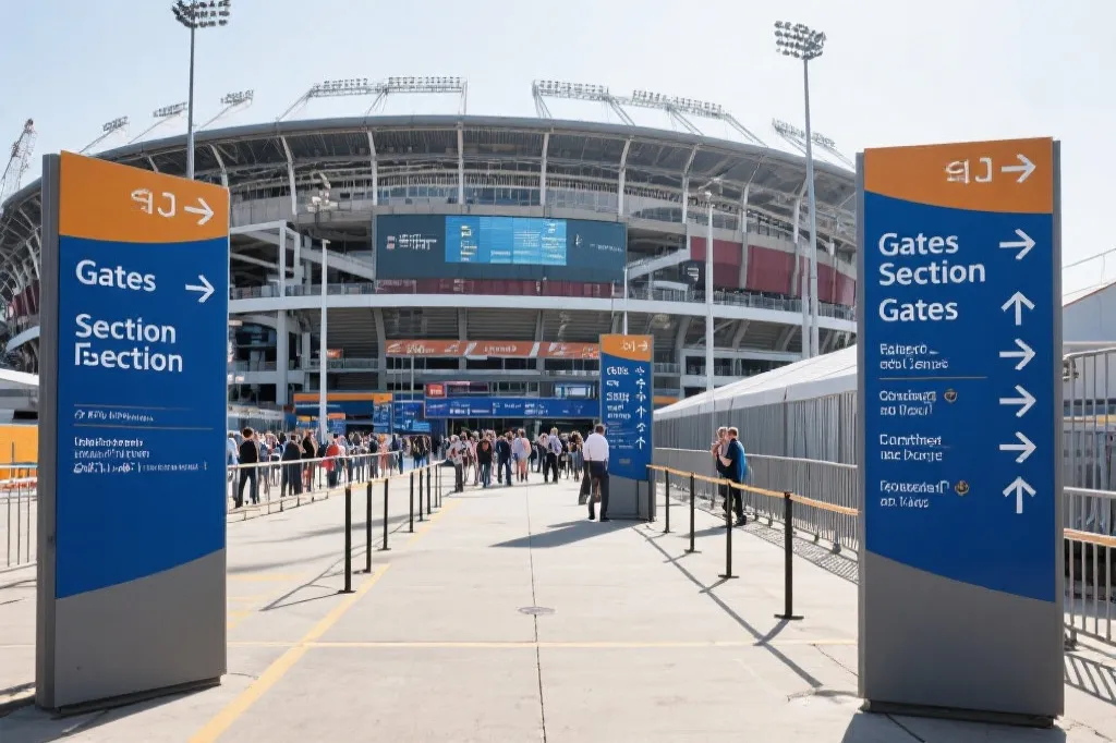 体育场入口导视牌与观众流线示意的场景