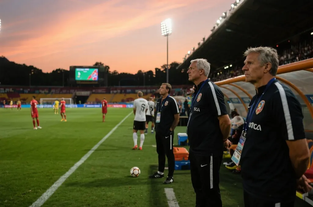 世界杯热身赛现场，教练组观察球员状态与战术演练