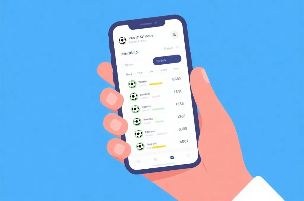 A clean, modern user interface of a mobile application showing match schedules and generic soccer statistics, held by a hand, bright and safe design